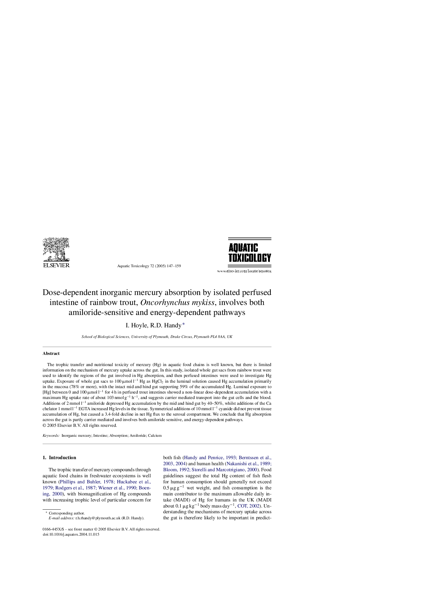 Dose-dependent inorganic mercury absorption by isolated perfused intestine of rainbow trout, Oncorhynchus mykiss, involves both amiloride-sensitive and energy-dependent pathways