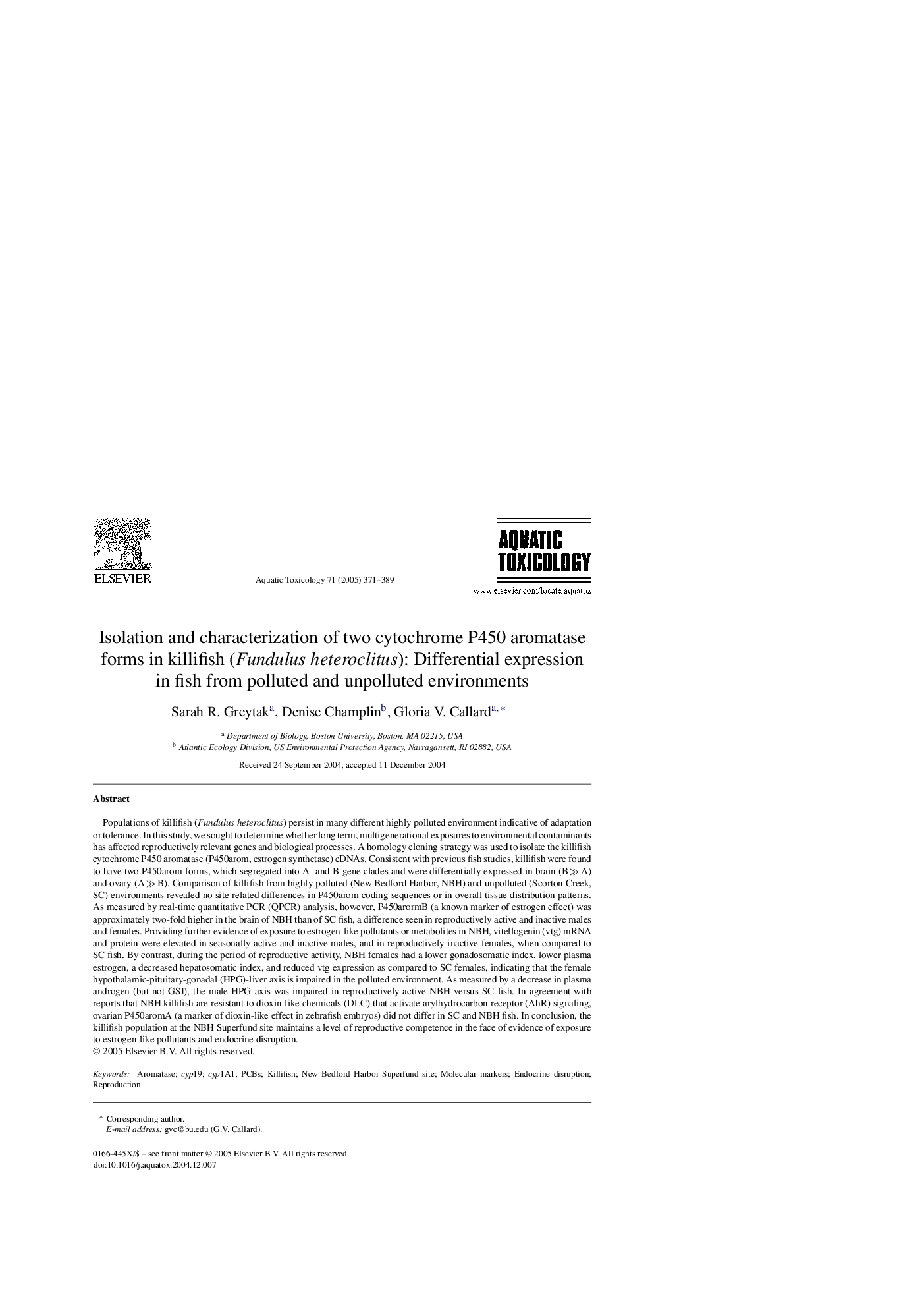 Isolation and characterization of two cytochrome P450 aromatase forms in killifish (Fundulus heteroclitus): Differential expression in fish from polluted and unpolluted environments