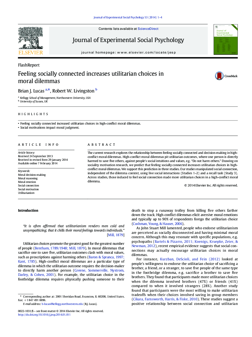 Feeling socially connected increases utilitarian choices in moral dilemmas