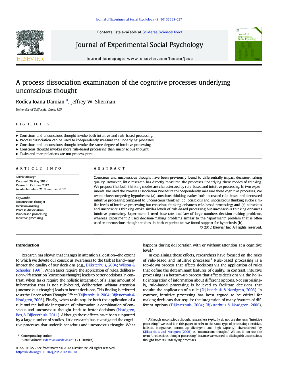 A process-dissociation examination of the cognitive processes underlying unconscious thought