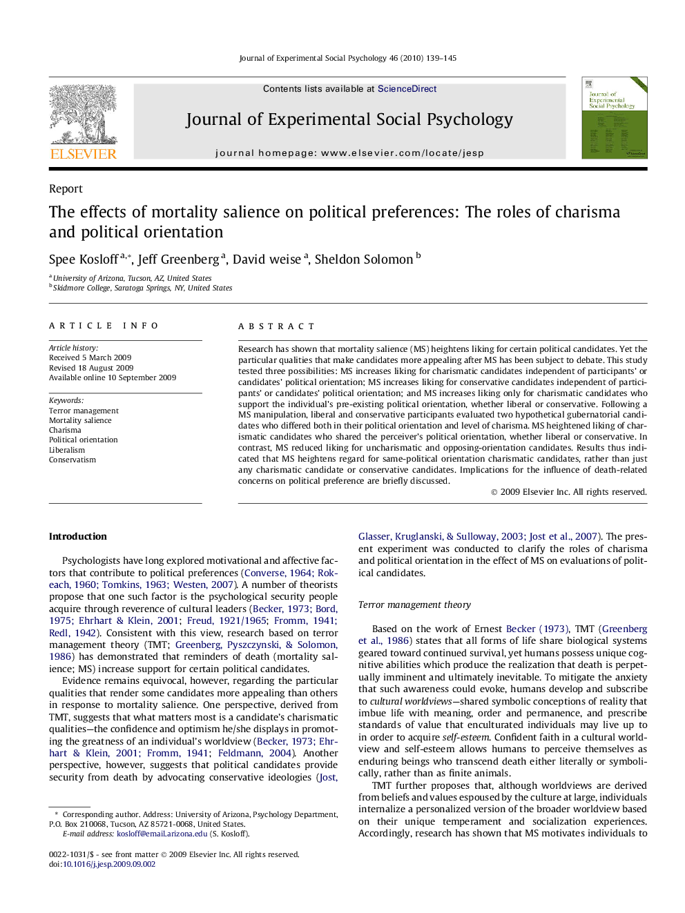 The effects of mortality salience on political preferences: The roles of charisma and political orientation