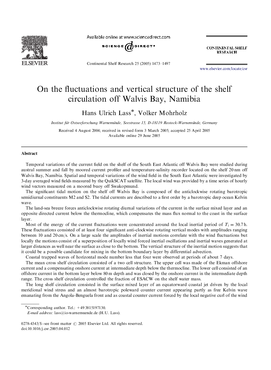 On the fluctuations and vertical structure of the shelf circulation off Walvis Bay, Namibia