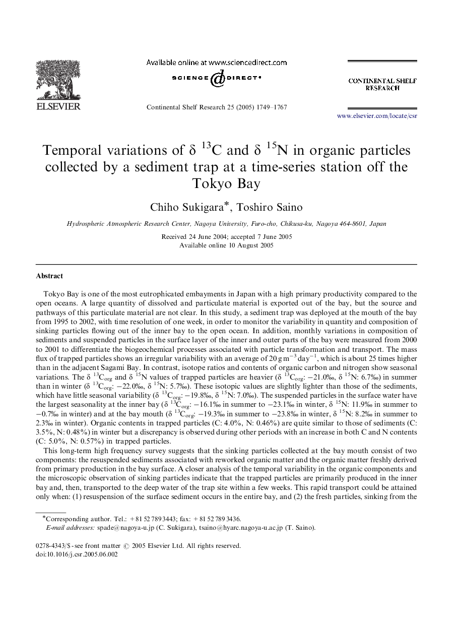 Temporal variations of Î´13C and Î´15N in organic particles collected by a sediment trap at a time-series station off the Tokyo Bay