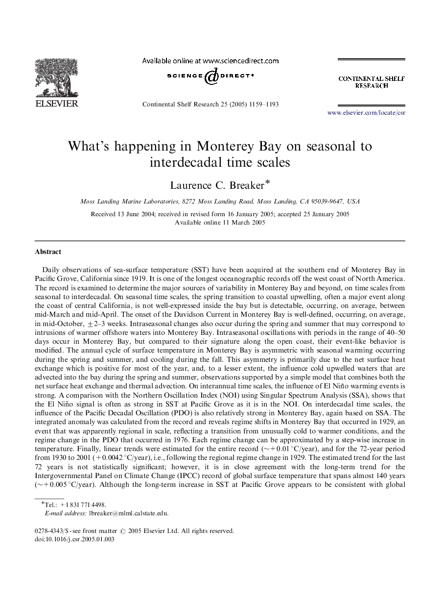 What's happening in Monterey Bay on seasonal to interdecadal time scales