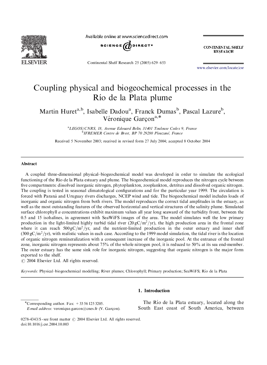 Coupling physical and biogeochemical processes in the RÃ­o de la Plata plume