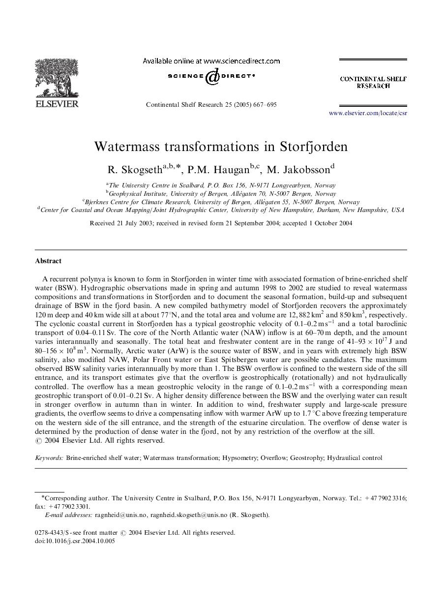 Watermass transformations in Storfjorden