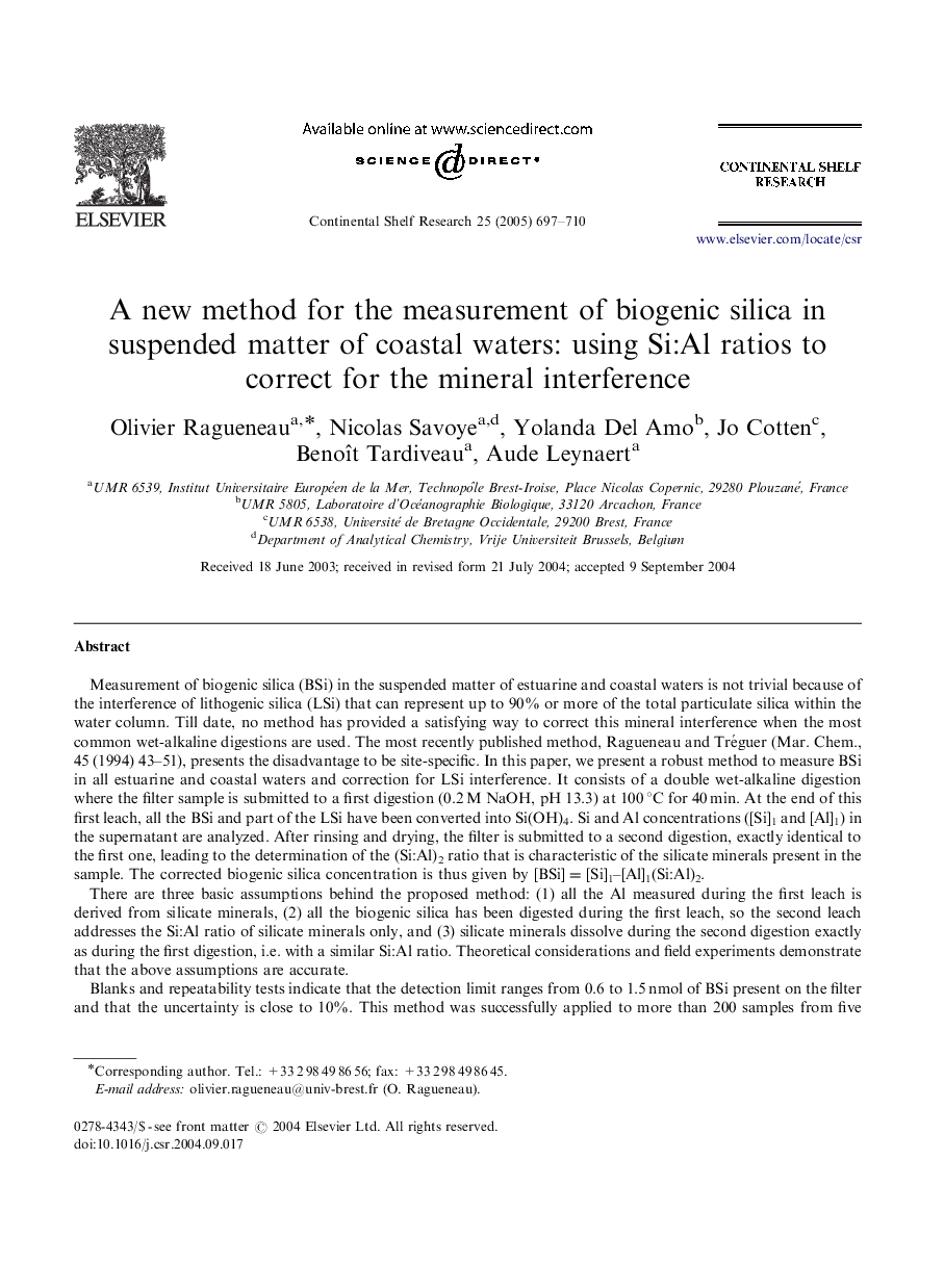 A new method for the measurement of biogenic silica in suspended matter of coastal waters: using Si:Al ratios to correct for the mineral interference