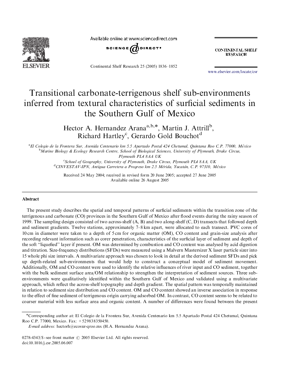 Transitional carbonate-terrigenous shelf sub-environments inferred from textural characteristics of surficial sediments in the Southern Gulf of Mexico