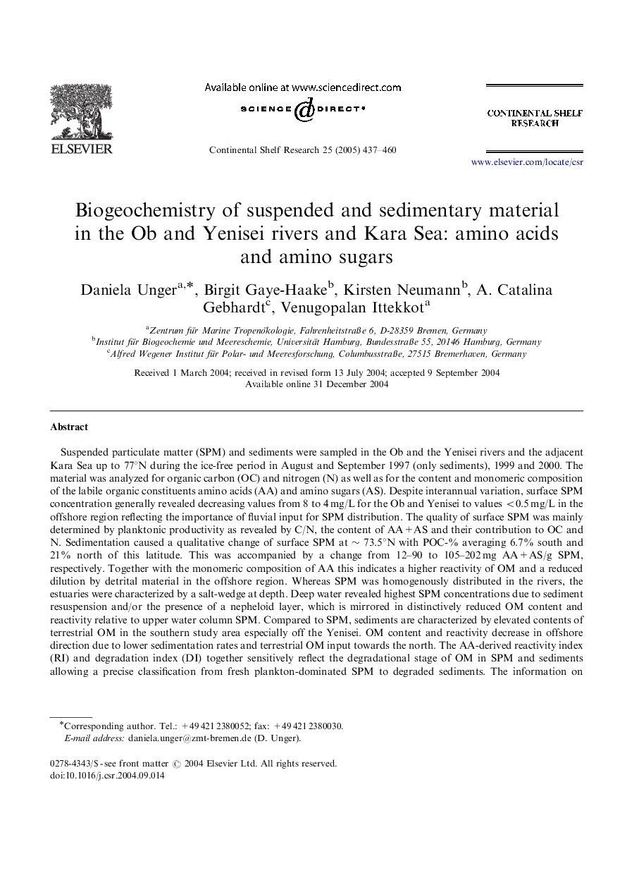 Biogeochemistry of suspended and sedimentary material in the Ob and Yenisei rivers and Kara Sea: amino acids and amino sugars