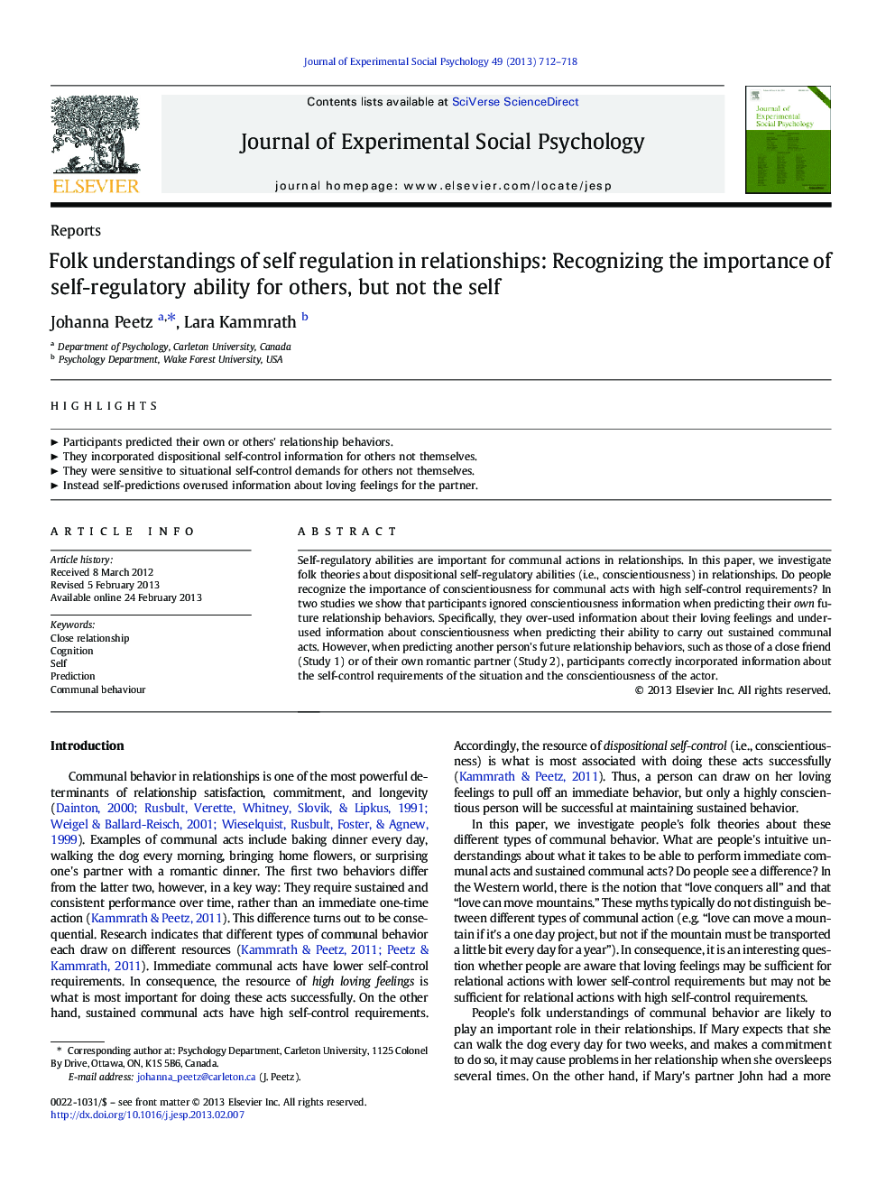 Folk understandings of self regulation in relationships: Recognizing the importance of self-regulatory ability for others, but not the self