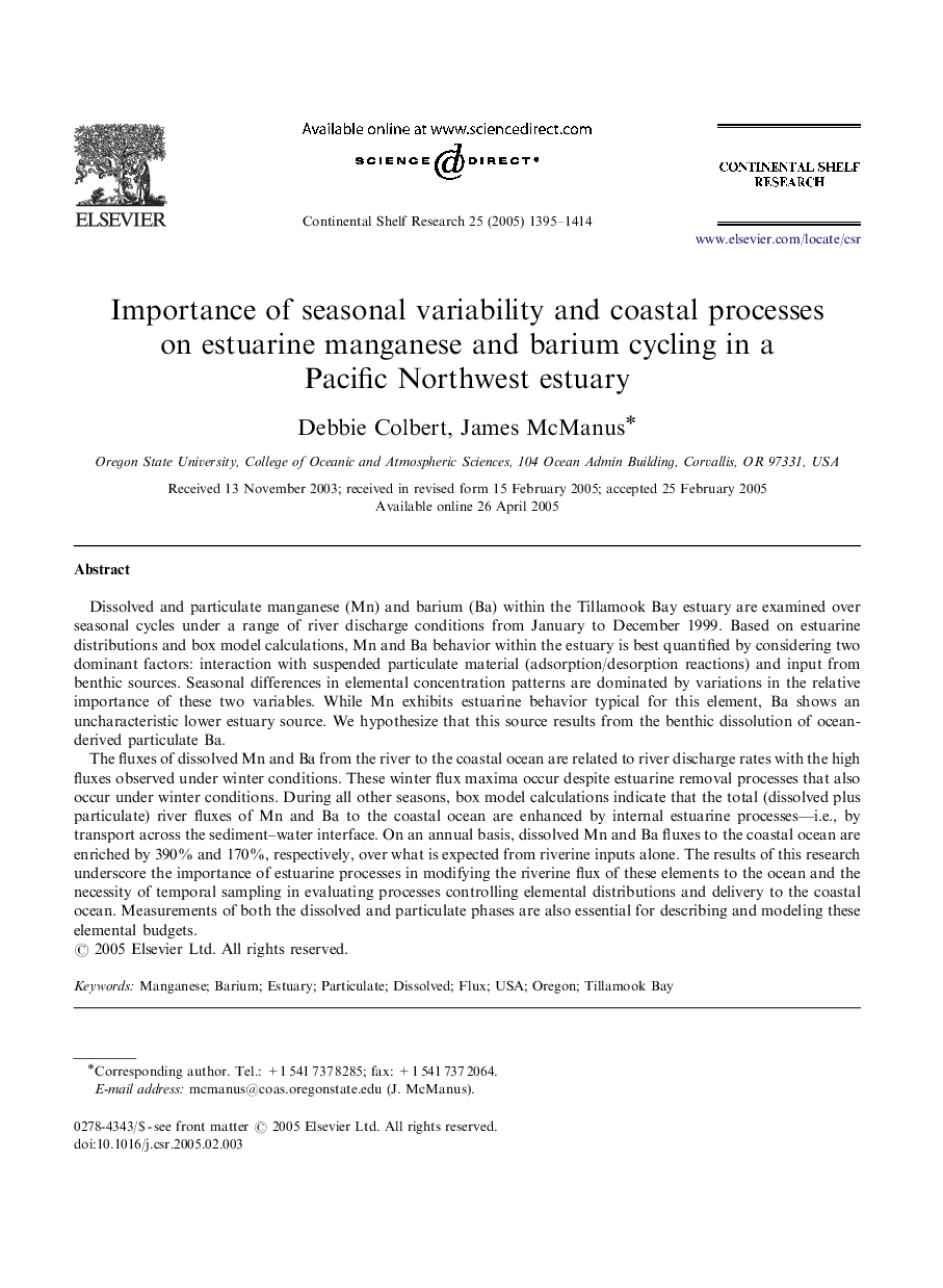 Importance of seasonal variability and coastal processes on estuarine manganese and barium cycling in a Pacific Northwest estuary