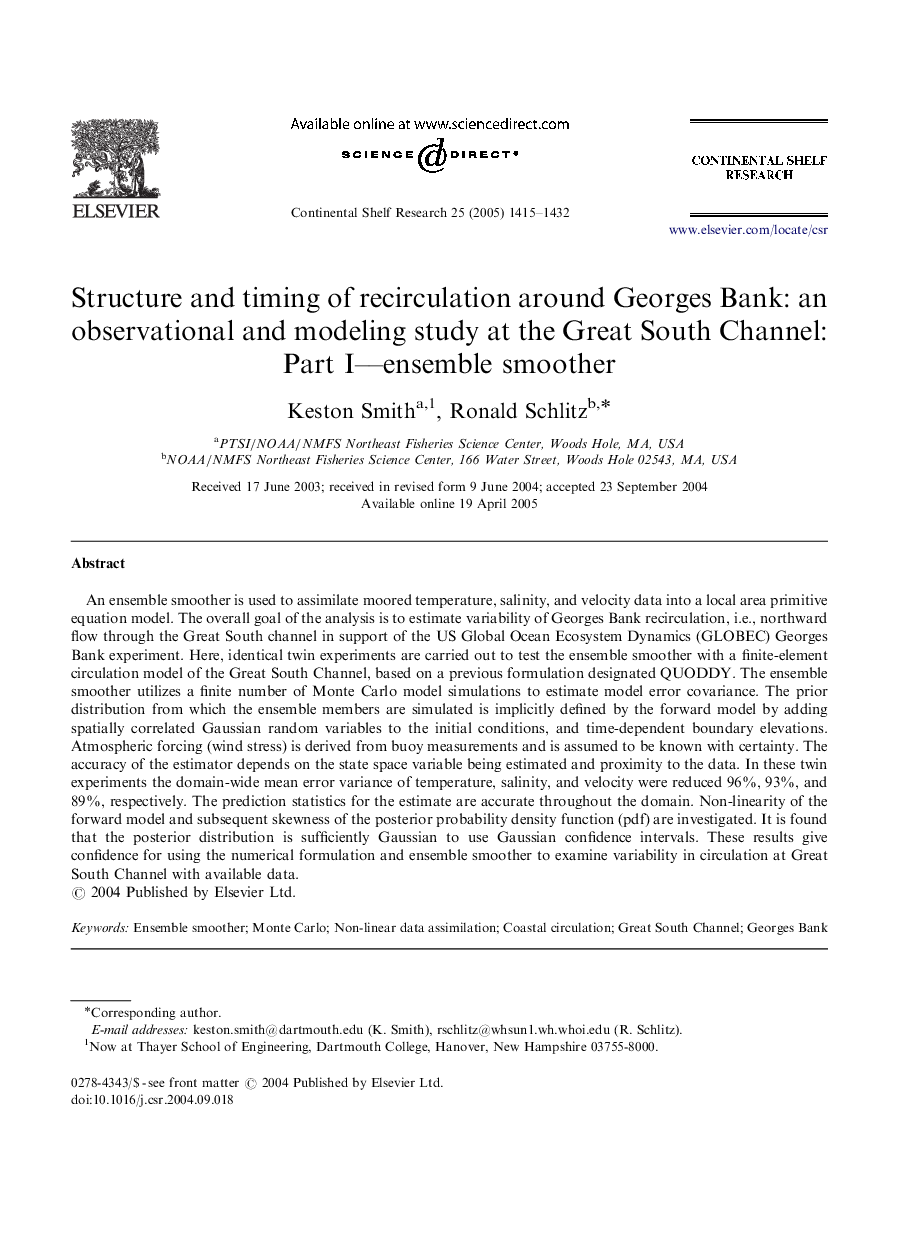 Structure and timing of recirculation around Georges Bank: an observational and modeling study at the Great South Channel: Part I--ensemble smoother