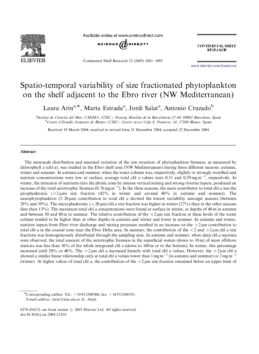 Spatio-temporal variability of size fractionated phytoplankton on the shelf adjacent to the Ebro river (NW Mediterranean)