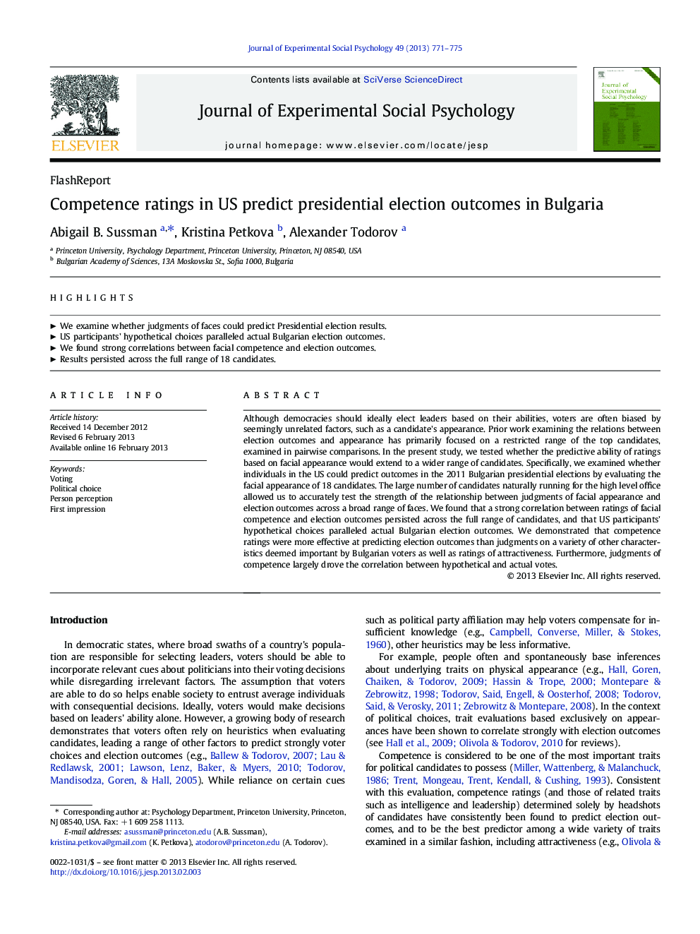 Competence ratings in US predict presidential election outcomes in Bulgaria