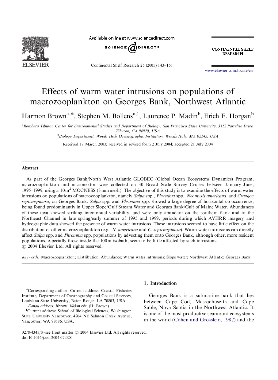 Effects of warm water intrusions on populations of macrozooplankton on Georges Bank, Northwest Atlantic