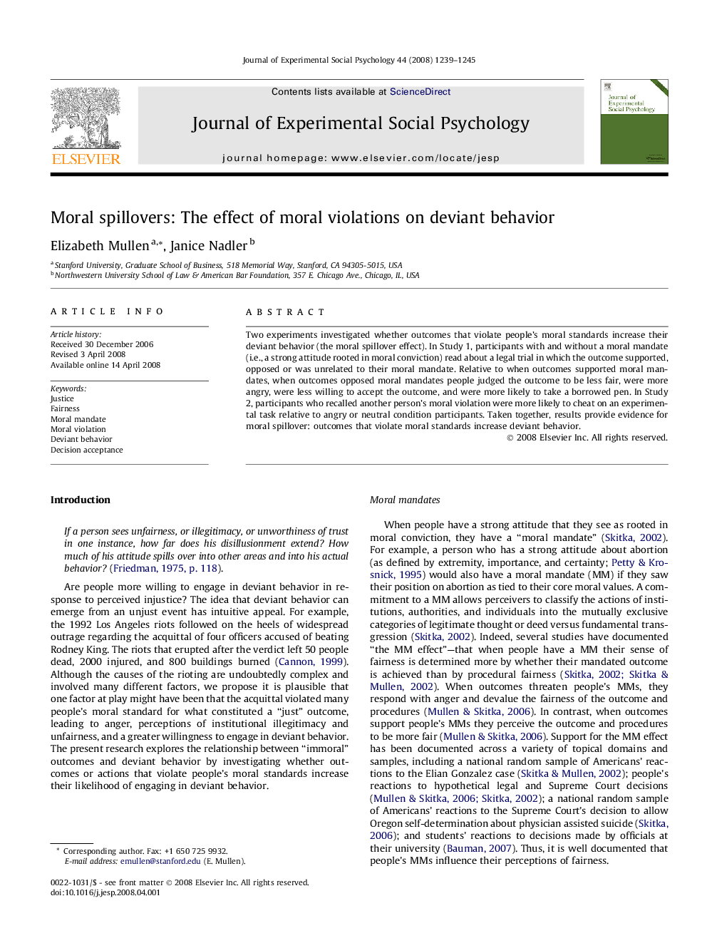 Moral spillovers: The effect of moral violations on deviant behavior