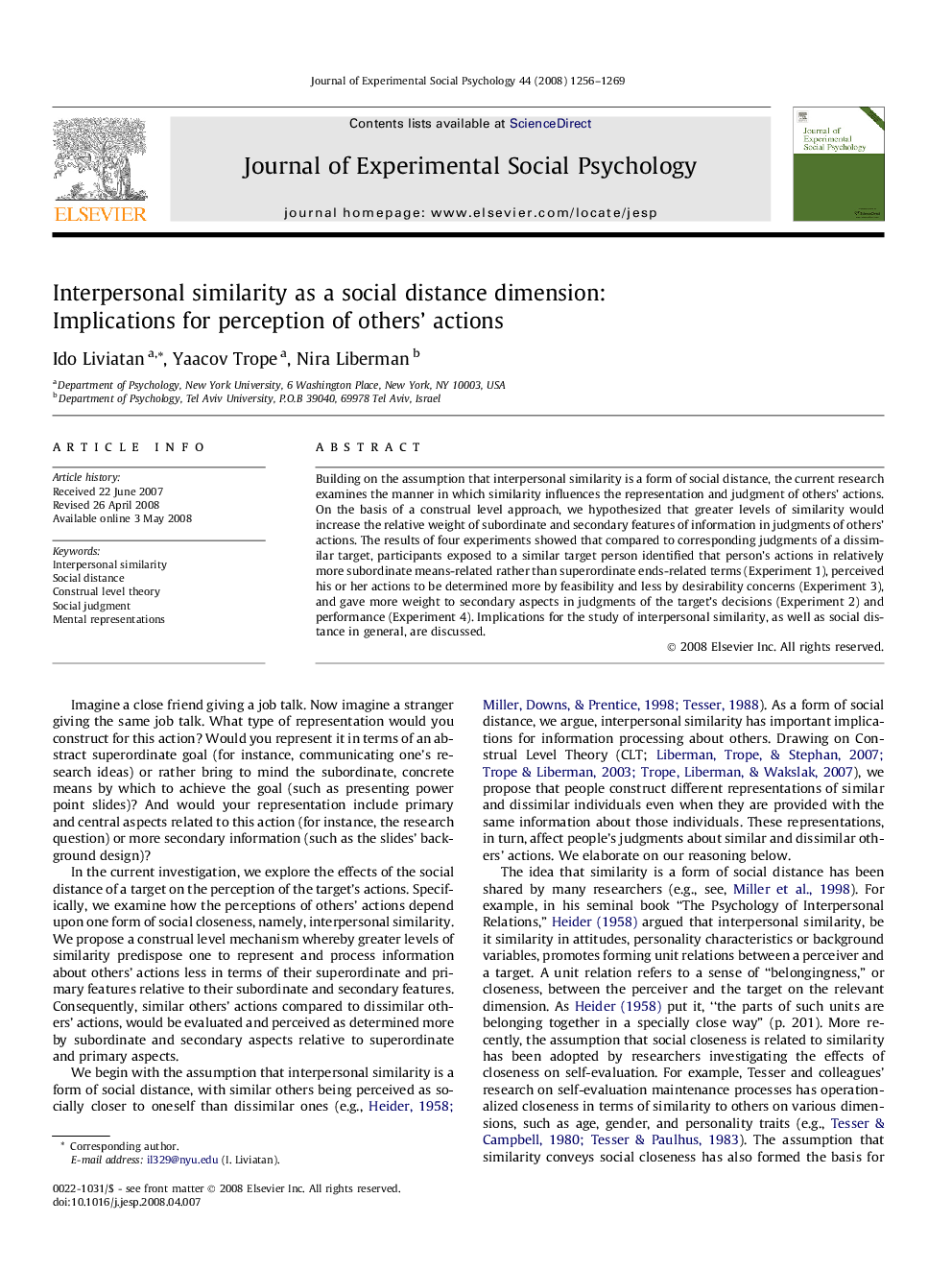 Interpersonal similarity as a social distance dimension: Implications for perception of others’ actions