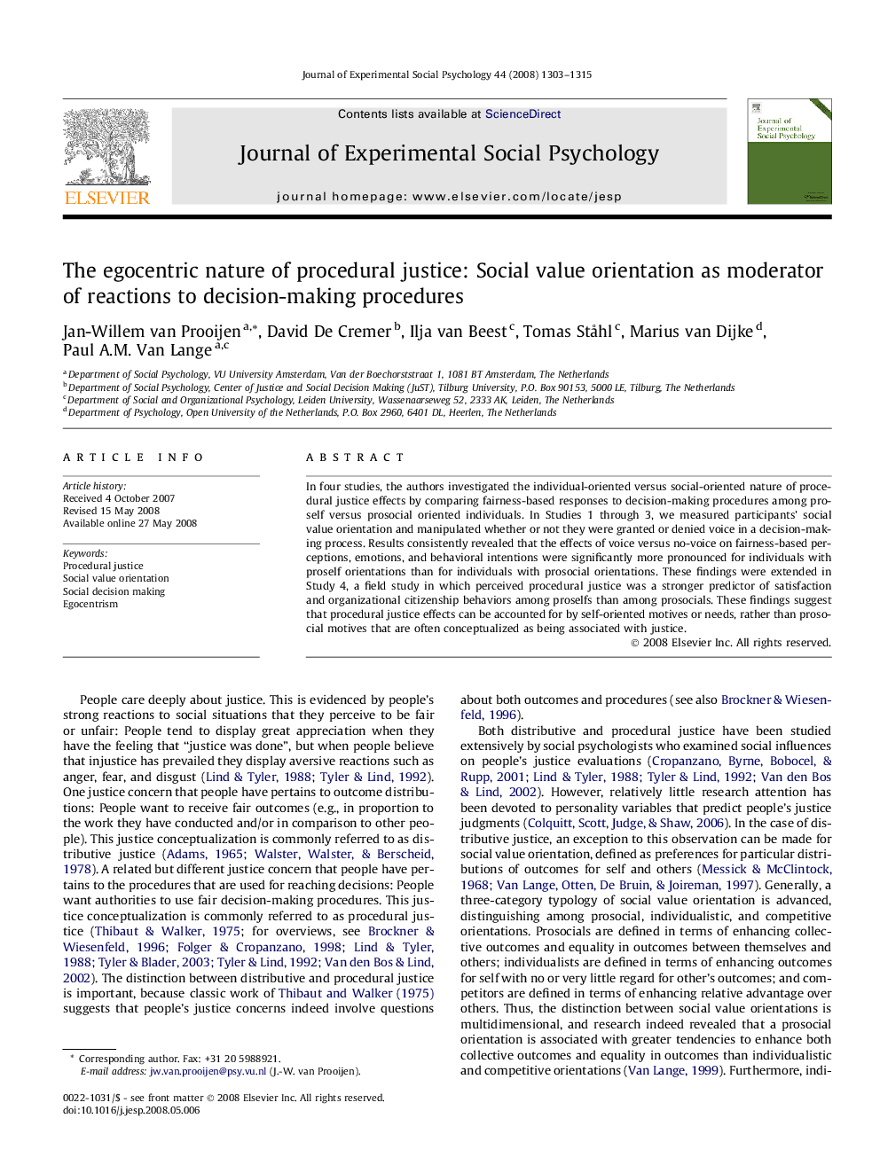 The egocentric nature of procedural justice: Social value orientation as moderator of reactions to decision-making procedures