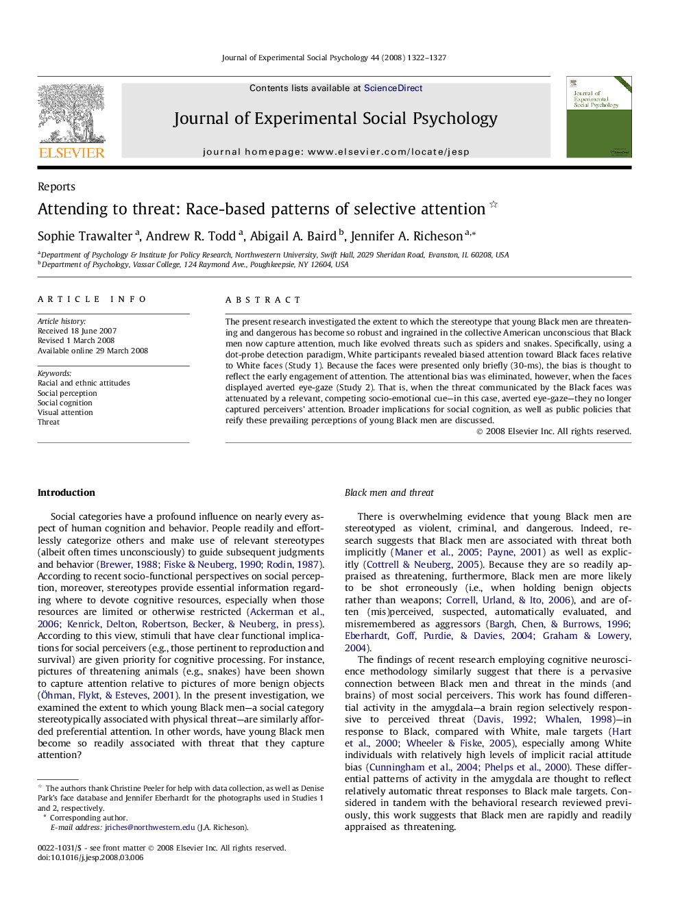 عکس صفحه اول مقاله: Attending to threat: Race-based patterns of selective attention Attending to threat: Race-based patterns of selective attention