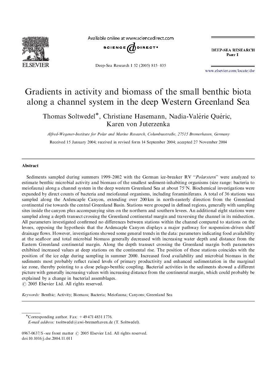 Gradients in activity and biomass of the small benthic biota along a channel system in the deep Western Greenland Sea