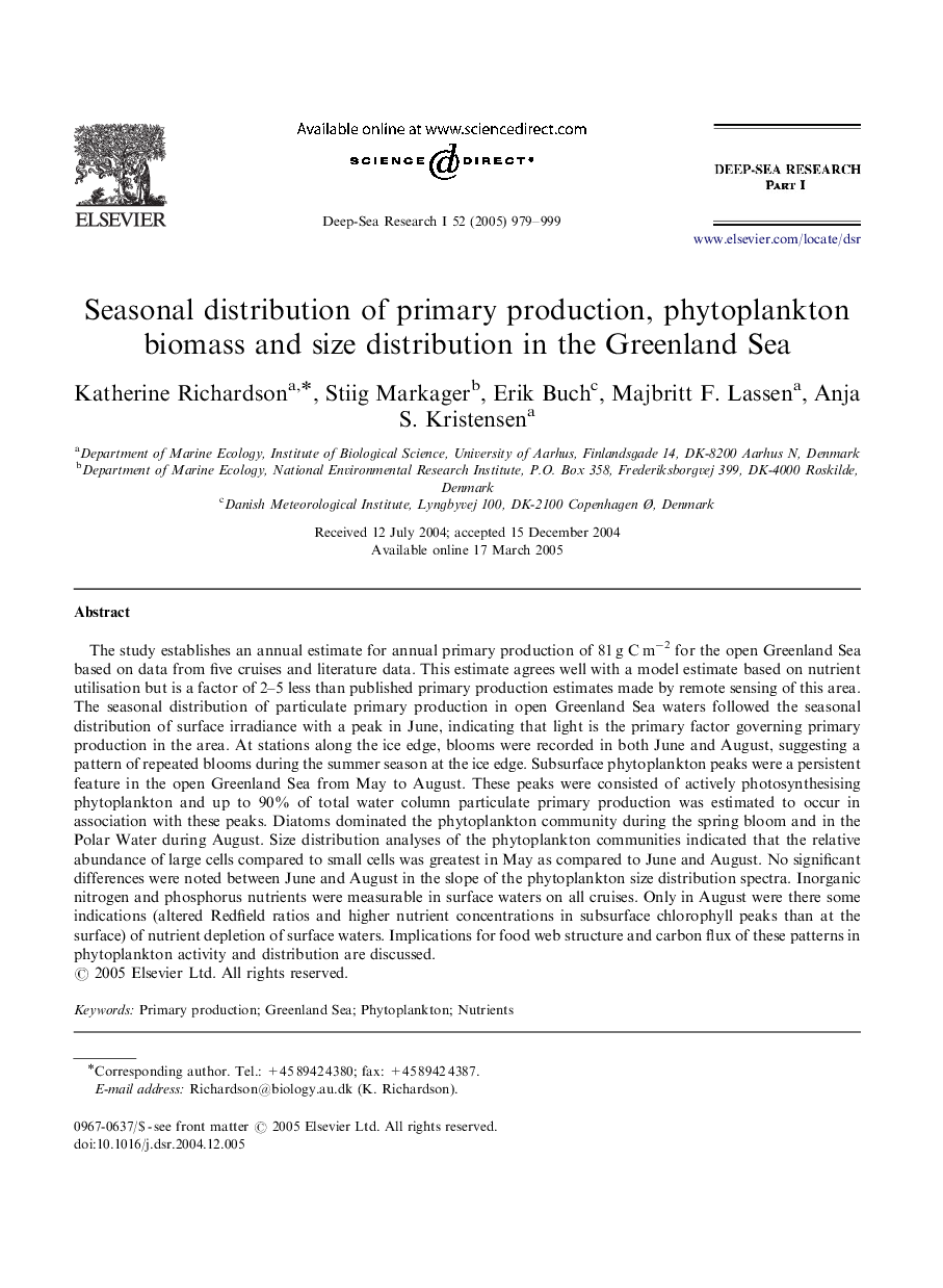 Seasonal distribution of primary production, phytoplankton biomass and size distribution in the Greenland Sea