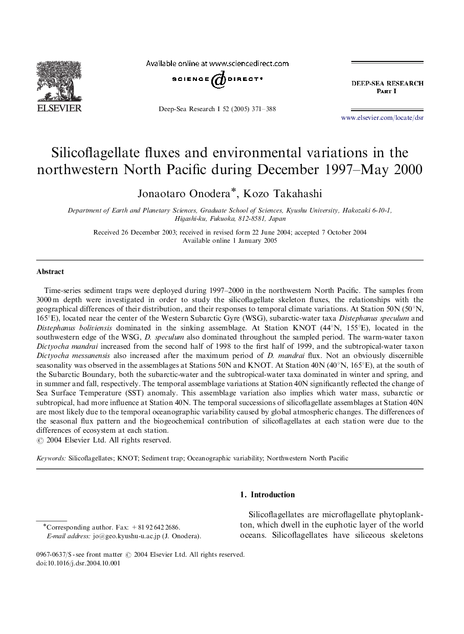 Silicoflagellate fluxes and environmental variations in the northwestern North Pacific during December 1997-May 2000