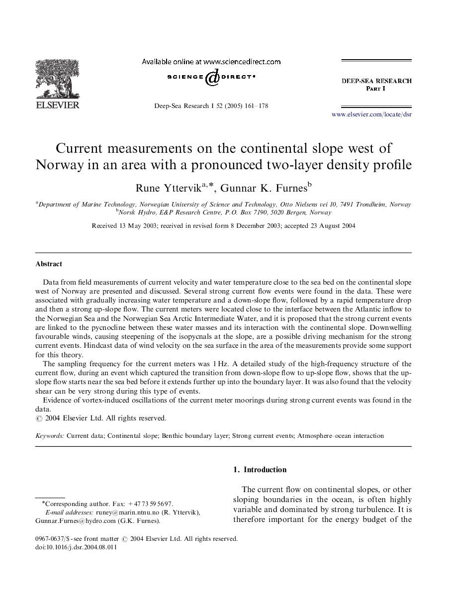 Current measurements on the continental slope west of Norway in an area with a pronounced two-layer density profile