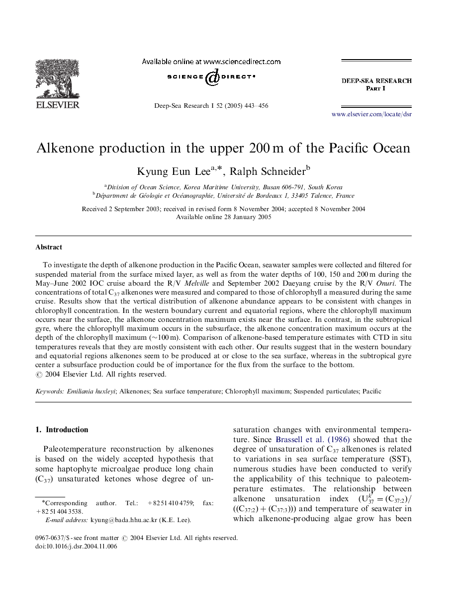 Alkenone production in the upper 200Â m of the Pacific Ocean