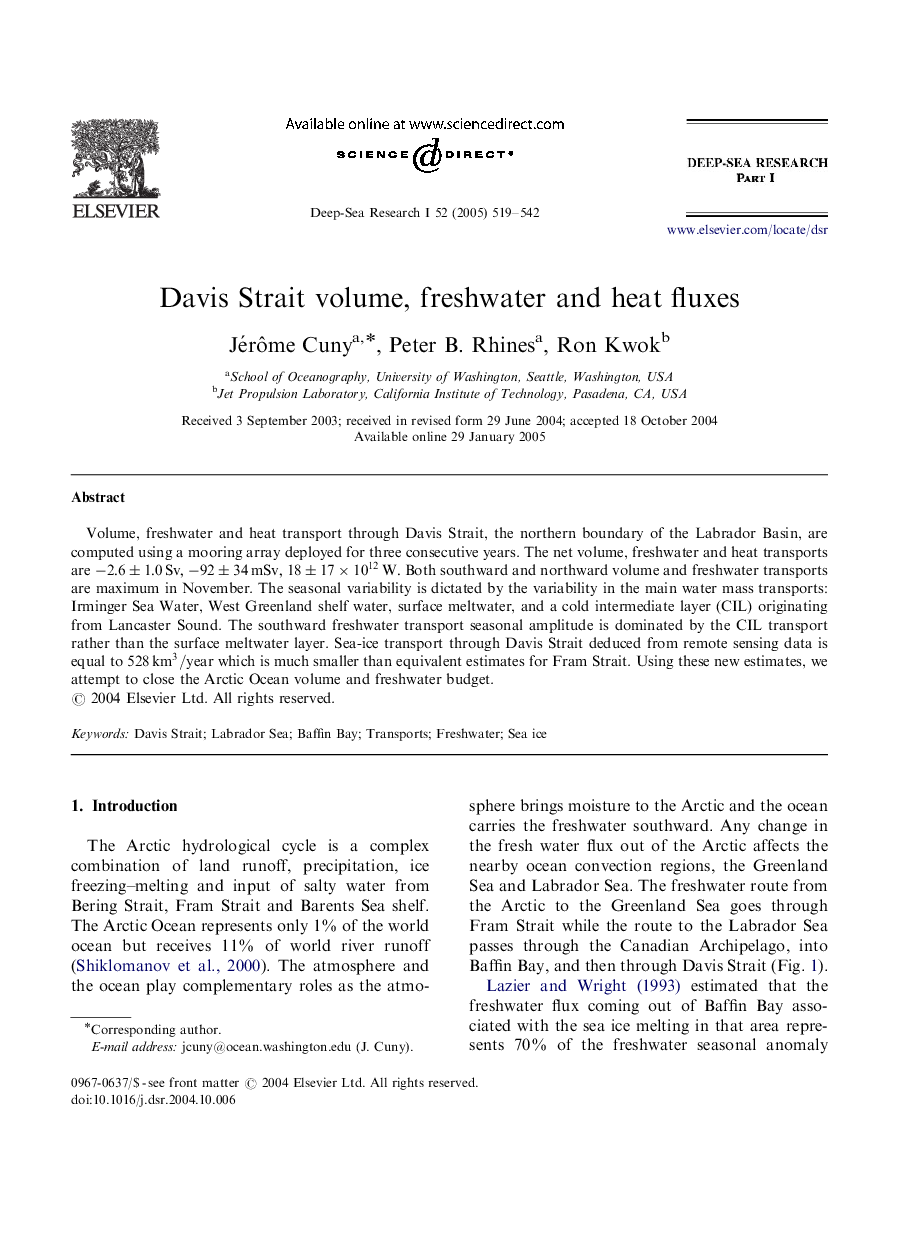 Davis Strait volume, freshwater and heat fluxes