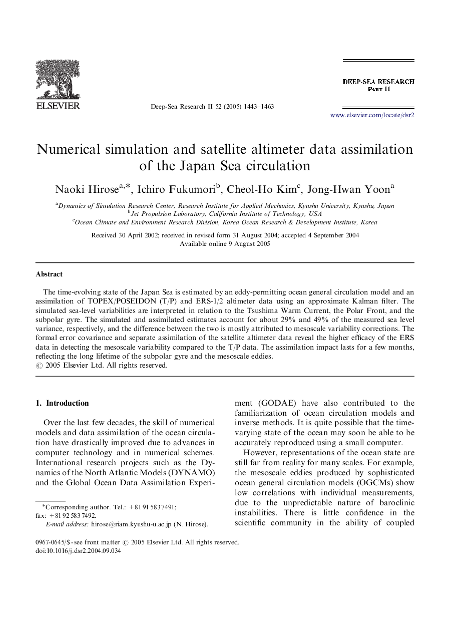 Numerical simulation and satellite altimeter data assimilation of the Japan Sea circulation
