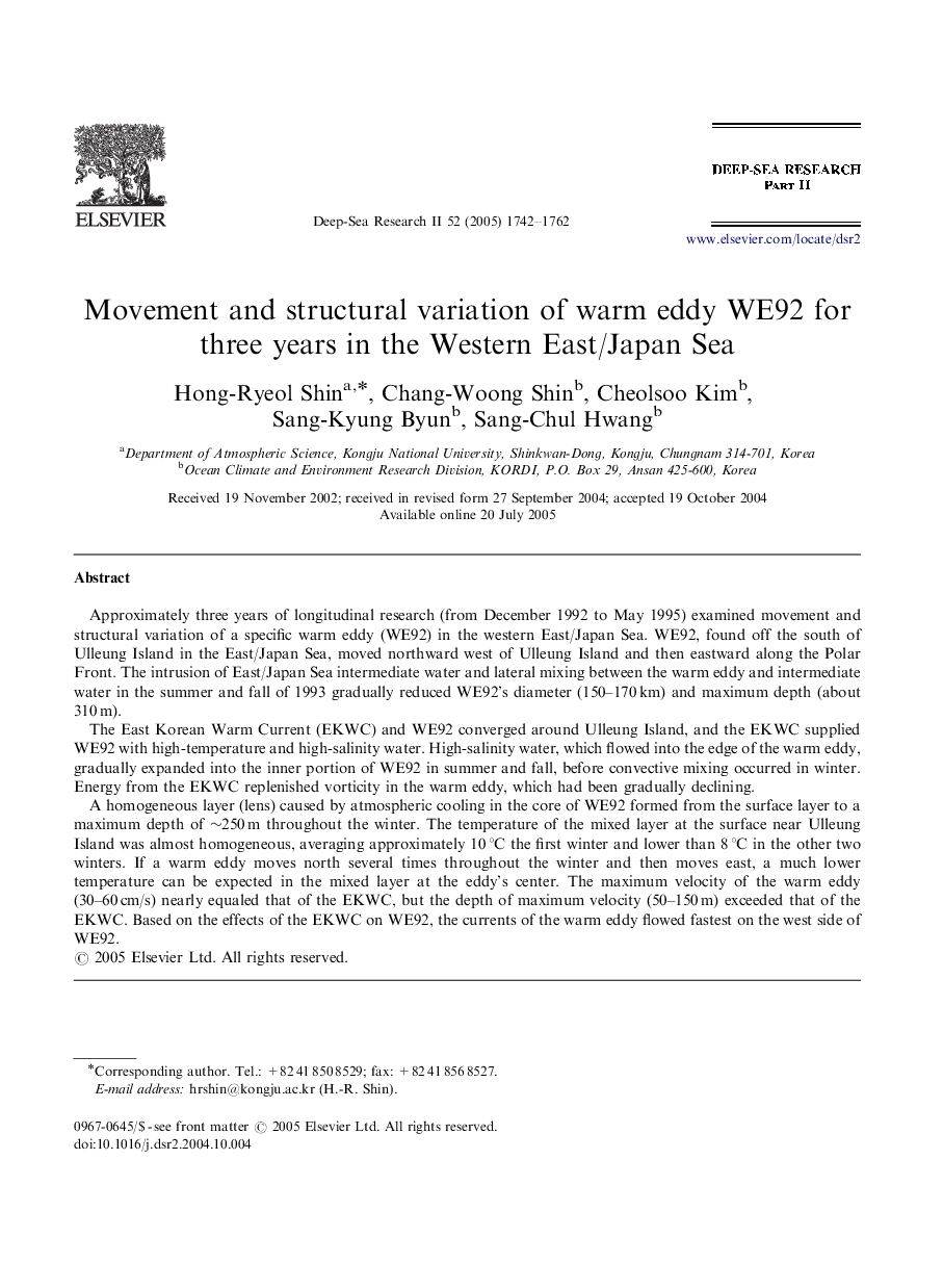 Movement and structural variation of warm eddy WE92 for three years in the Western East/Japan Sea