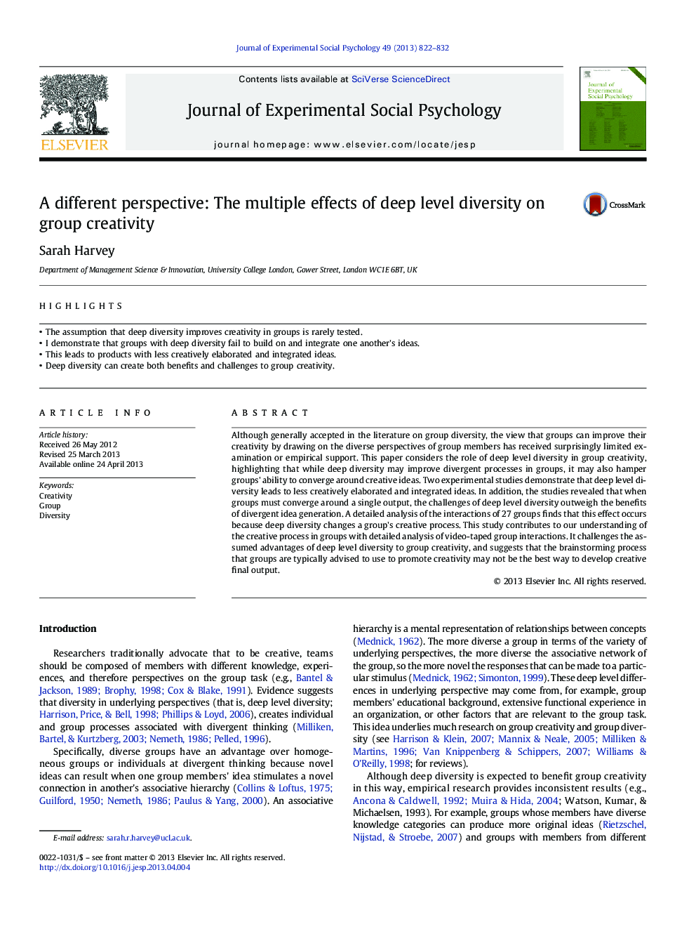 A different perspective: The multiple effects of deep level diversity on group creativity