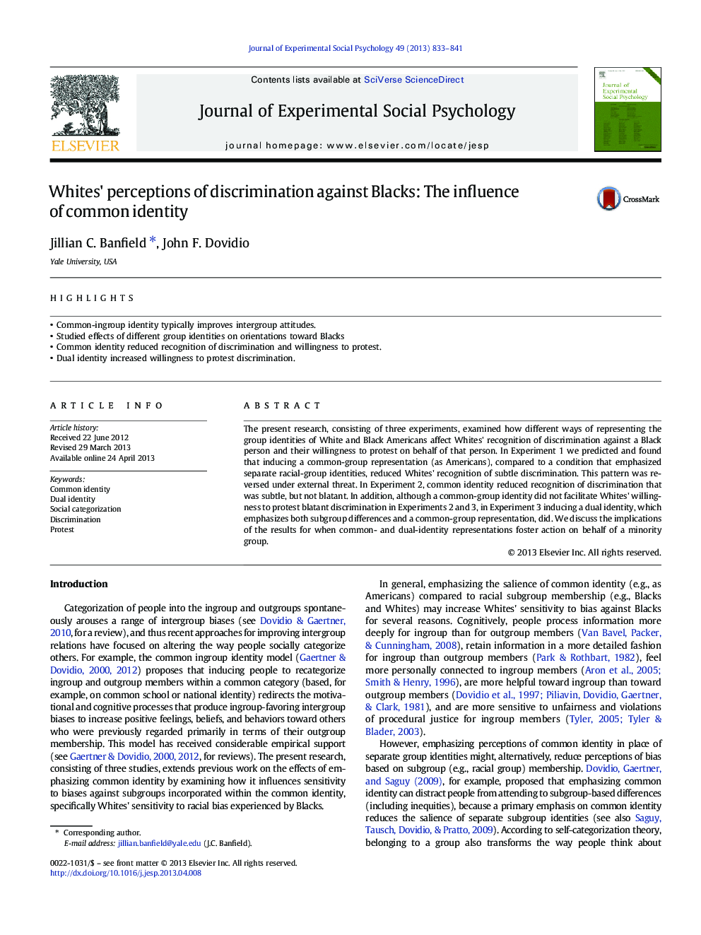 Whites' perceptions of discrimination against Blacks: The influence of common identity