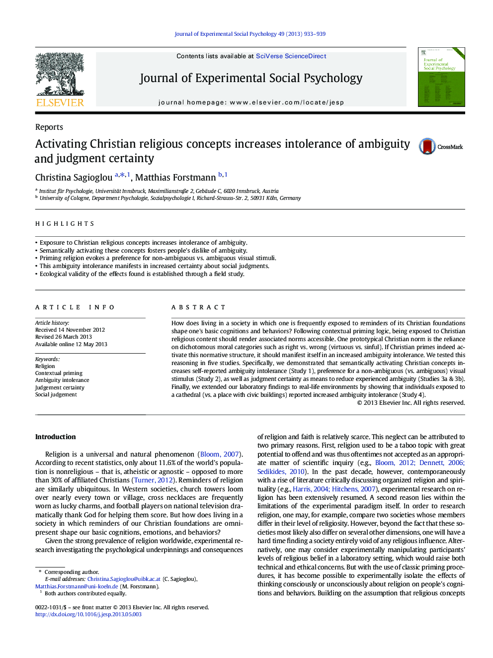 Activating Christian religious concepts increases intolerance of ambiguity and judgment certainty