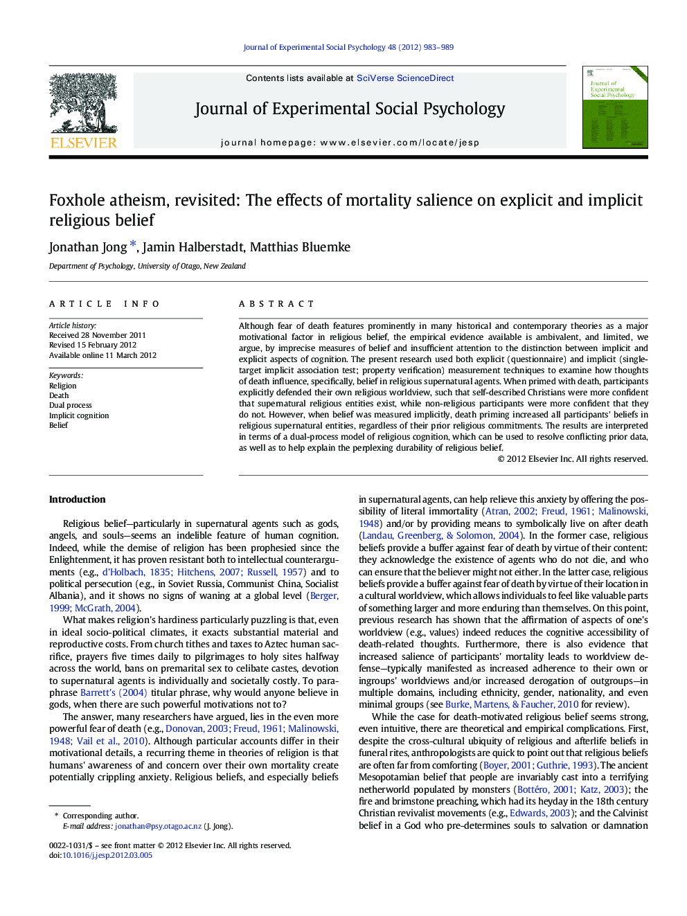 Foxhole atheism, revisited: The effects of mortality salience on explicit and implicit religious belief