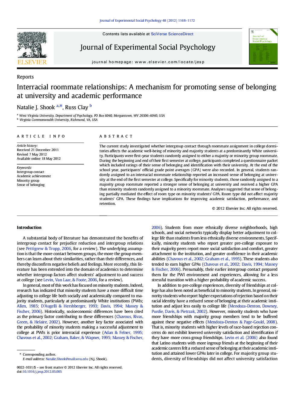 Interracial roommate relationships: A mechanism for promoting sense of belonging at university and academic performance