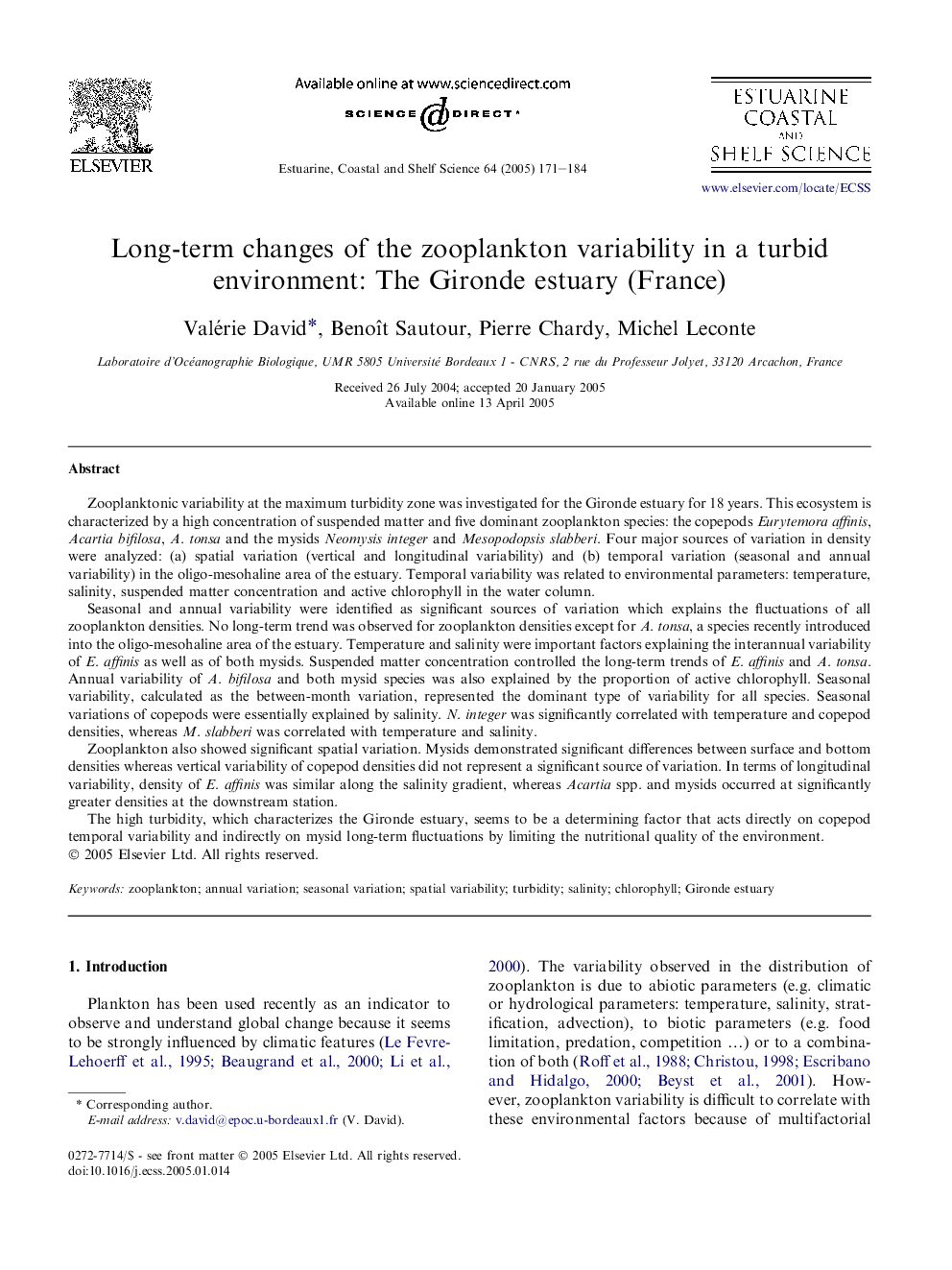 Long-term changes of the zooplankton variability in a turbid environment: The Gironde estuary (France)