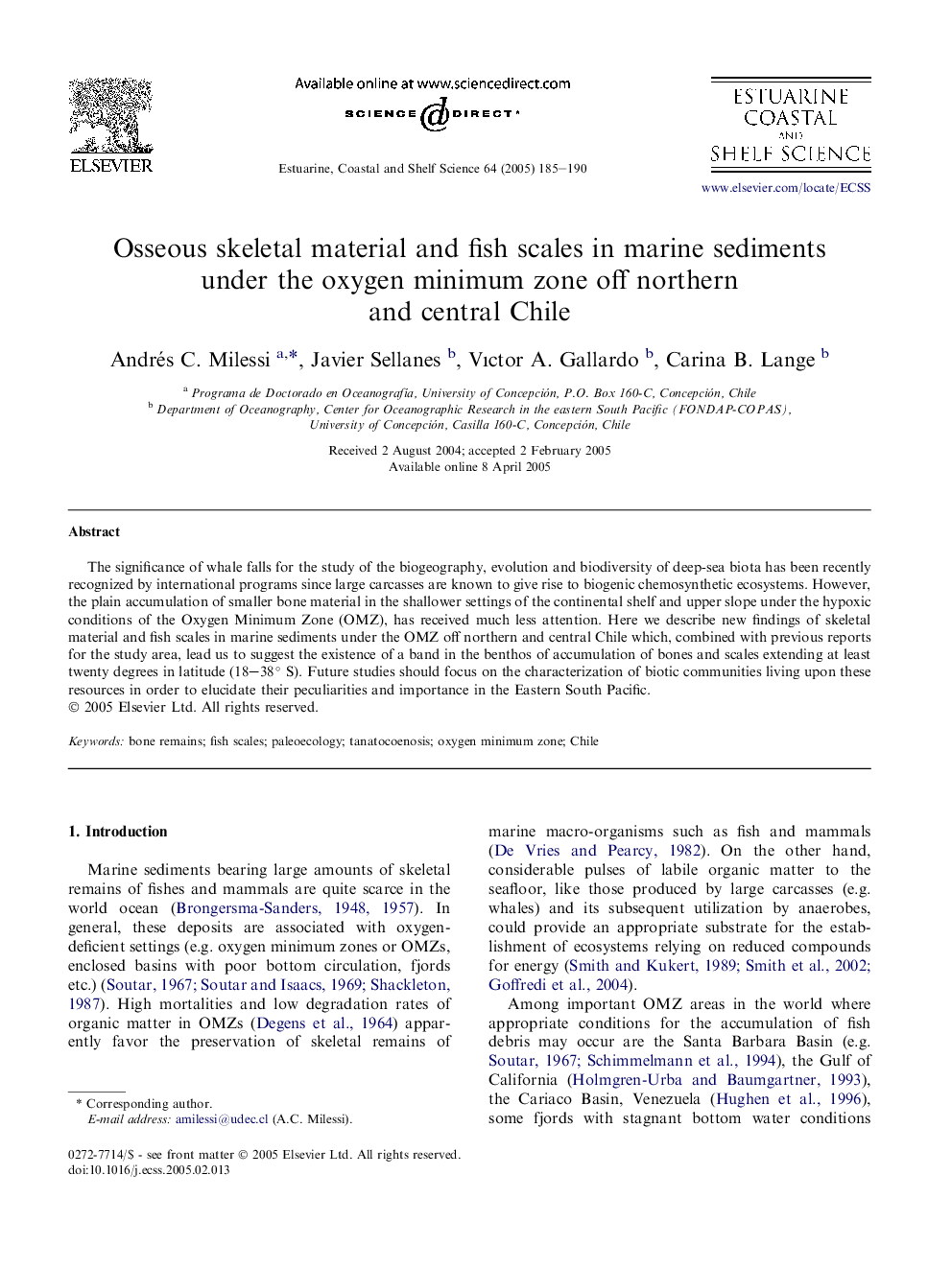 Osseous skeletal material and fish scales in marine sediments under the oxygen minimum zone off northern and central Chile