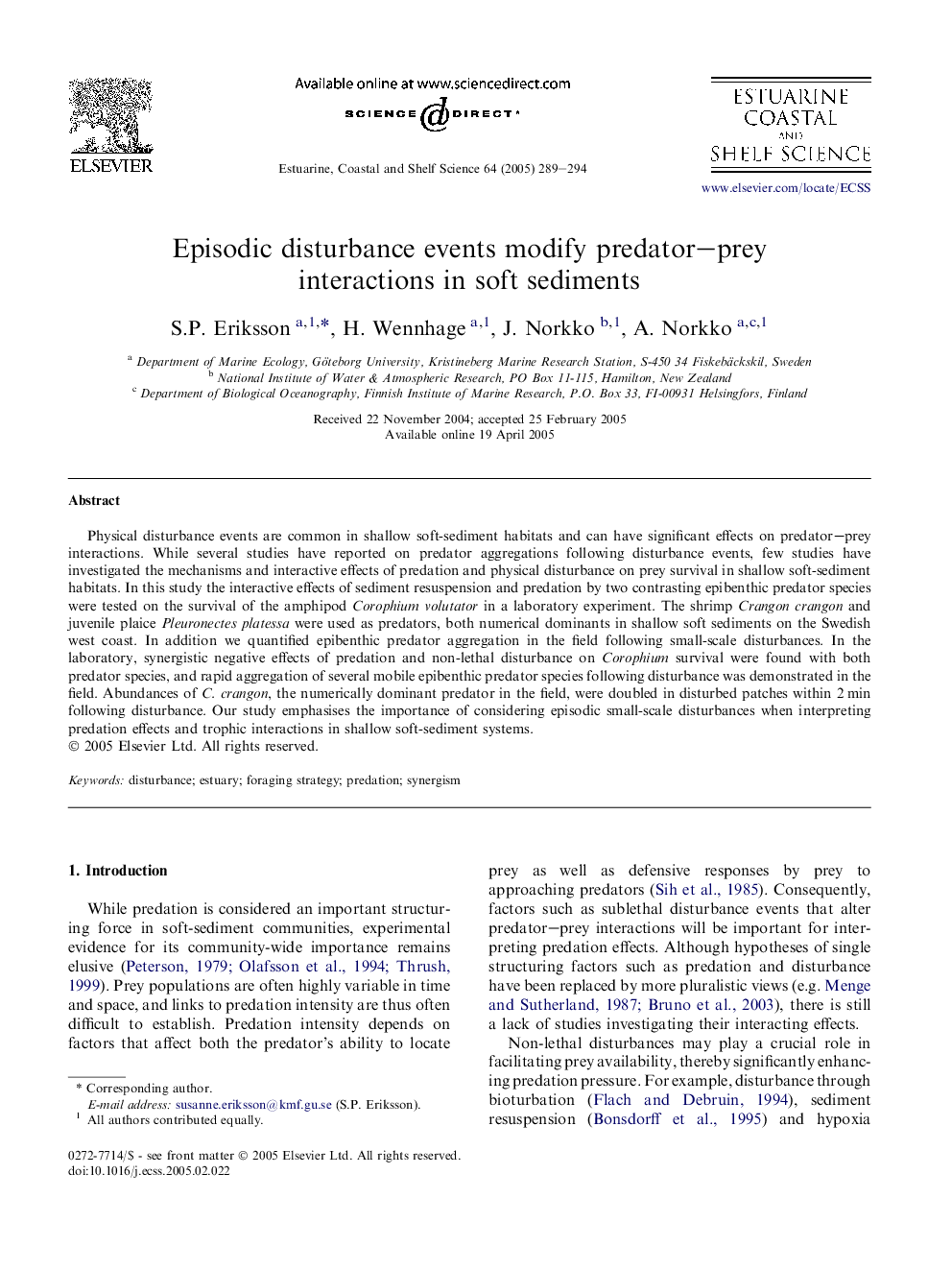 Episodic disturbance events modify predator-prey interactions in soft sediments