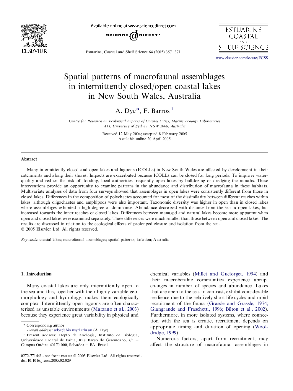 Spatial patterns of macrofaunal assemblages in intermittently closed/open coastal lakes in New South Wales, Australia