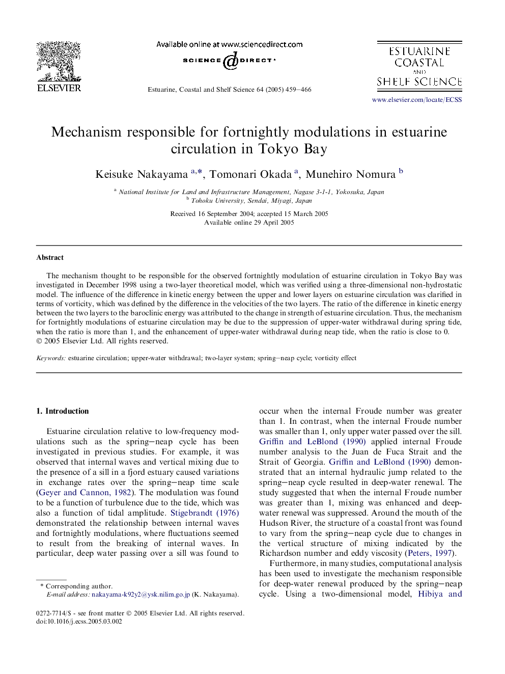 Mechanism responsible for fortnightly modulations in estuarine circulation in Tokyo Bay