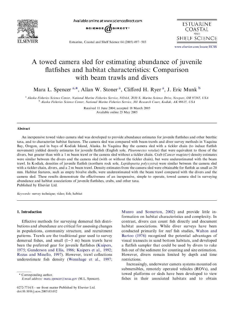 A towed camera sled for estimating abundance of juvenile flatfishes and habitat characteristics: Comparison with beam trawls and divers