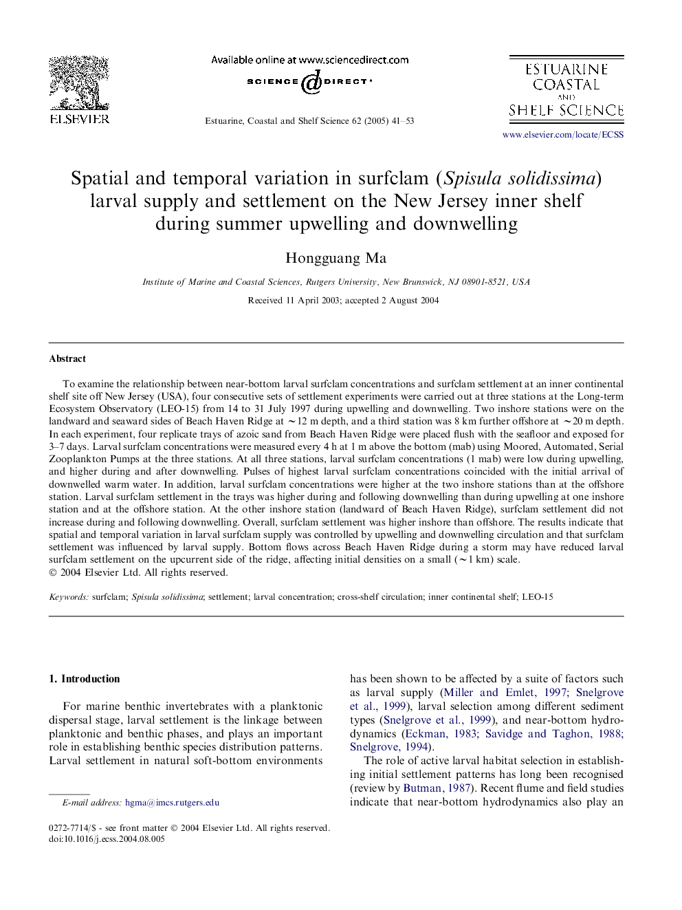 Spatial and temporal variation in surfclam (Spisula solidissima) larval supply and settlement on the New Jersey inner shelf during summer upwelling and downwelling