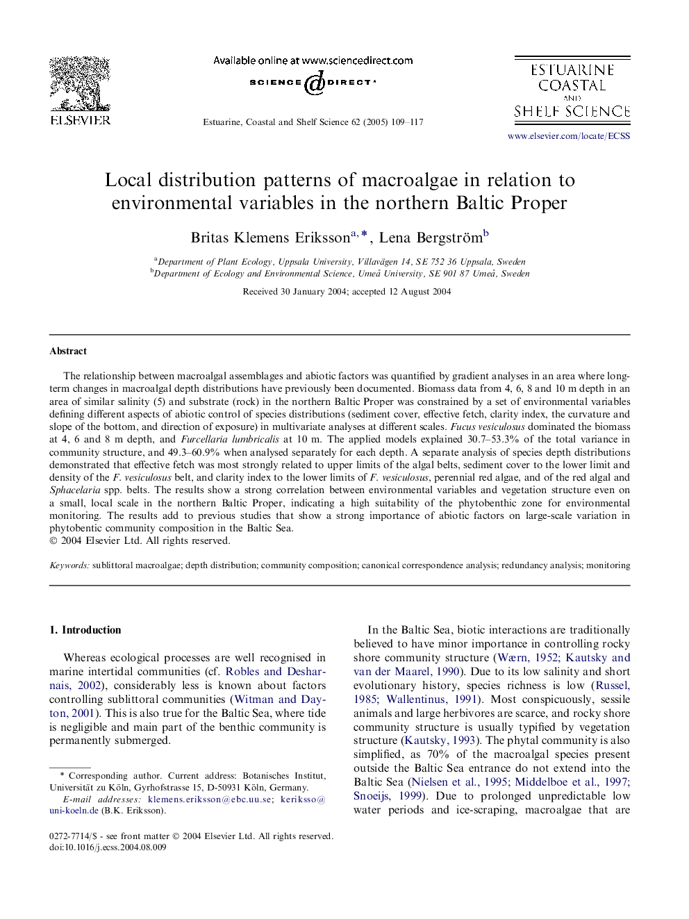 Local distribution patterns of macroalgae in relation to environmental variables in the northern Baltic Proper