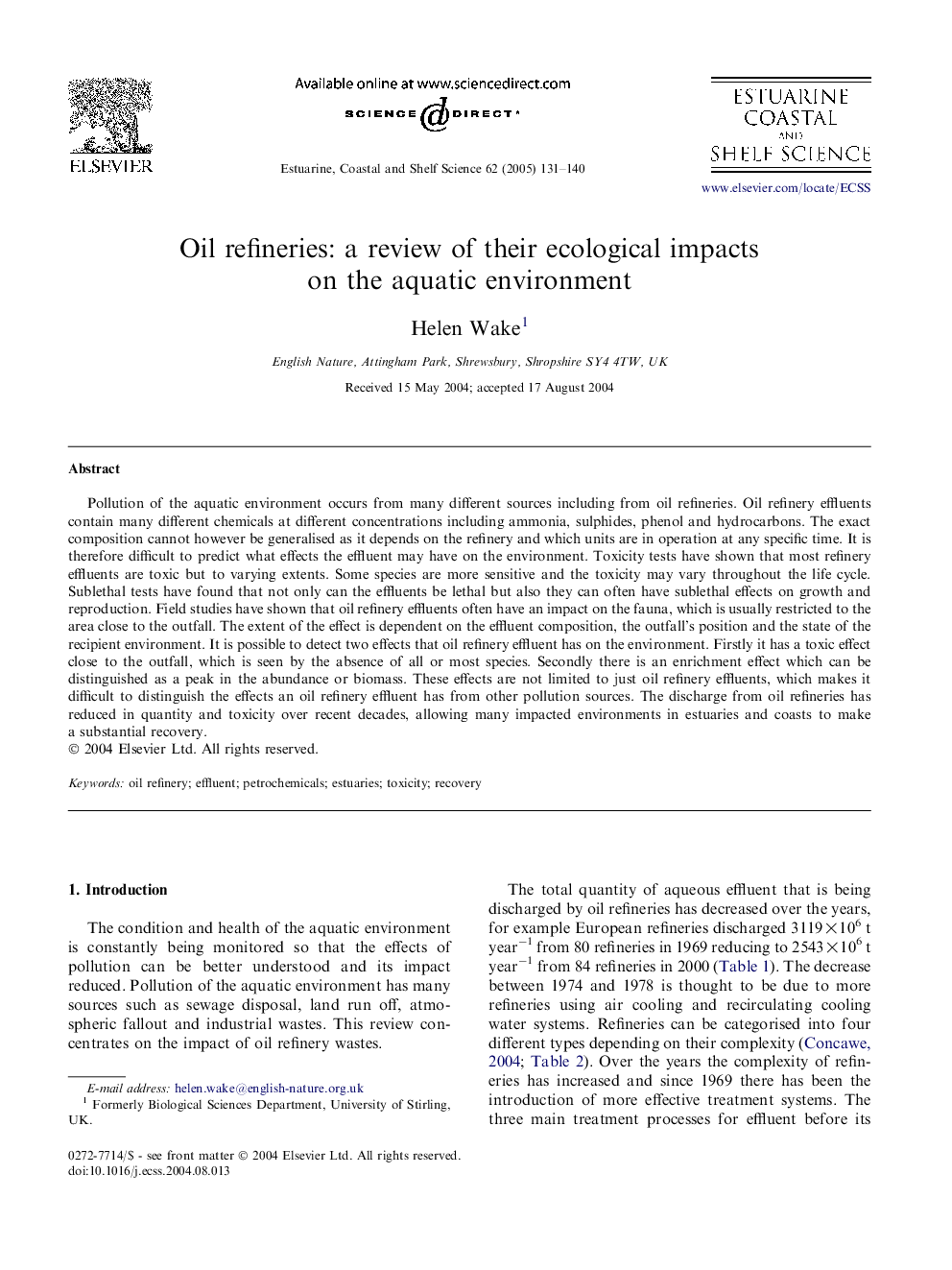 Oil refineries: a review of their ecological impacts on the aquatic environment