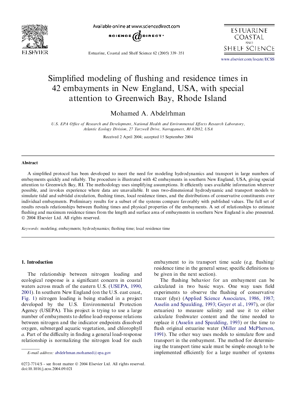 عکس صفحه اول مقاله: Simplified modeling of flushing and residence times in 42 embayments in New England, USA, with special attention to Greenwich Bay, Rhode Island Simplified modeling of flushing and residence times in 42 embayments in New England, USA, with special attention to Greenwich Bay, Rhode Island