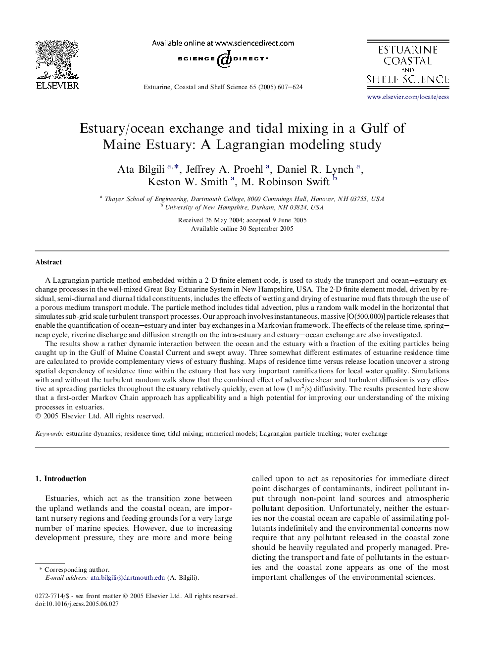 Estuary/ocean exchange and tidal mixing in a Gulf of Maine Estuary: A Lagrangian modeling study