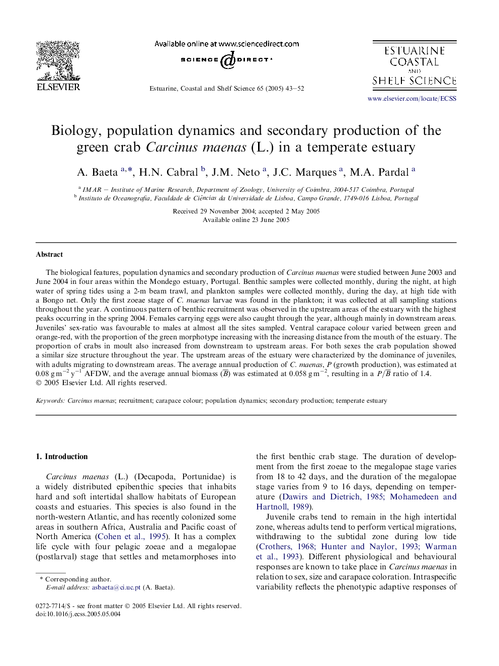 Biology, population dynamics and secondary production of the green crab Carcinus maenas (L.) in a temperate estuary