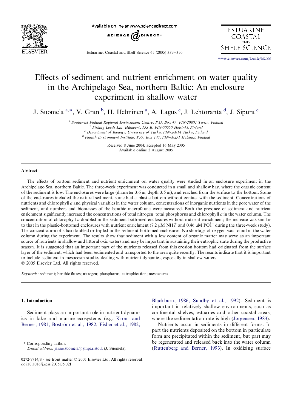 Effects of sediment and nutrient enrichment on water quality in the Archipelago Sea, northern Baltic: An enclosure experiment in shallow water