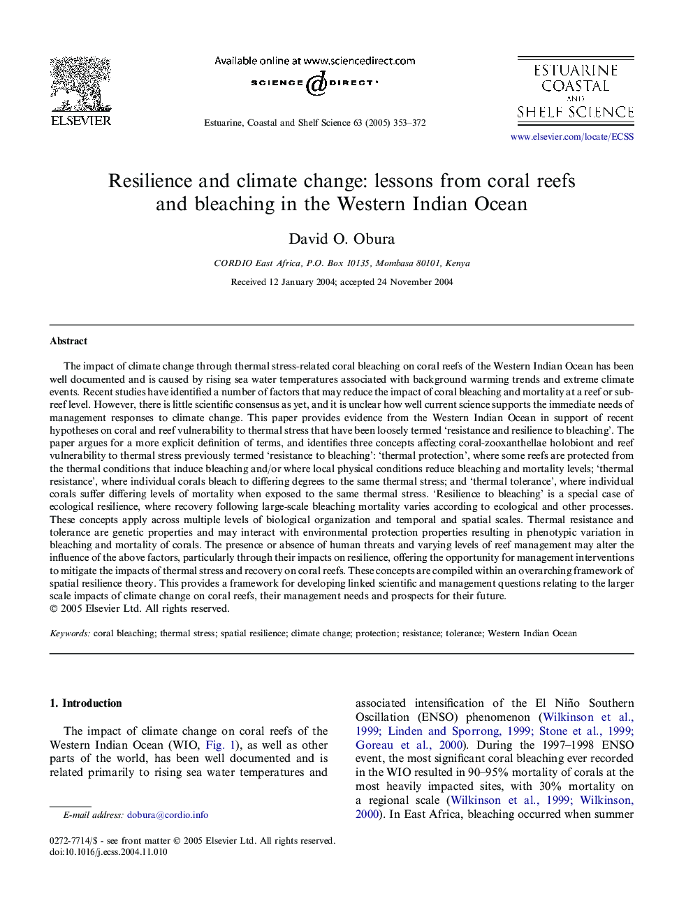 Resilience and climate change: lessons from coral reefs and bleaching in the Western Indian Ocean